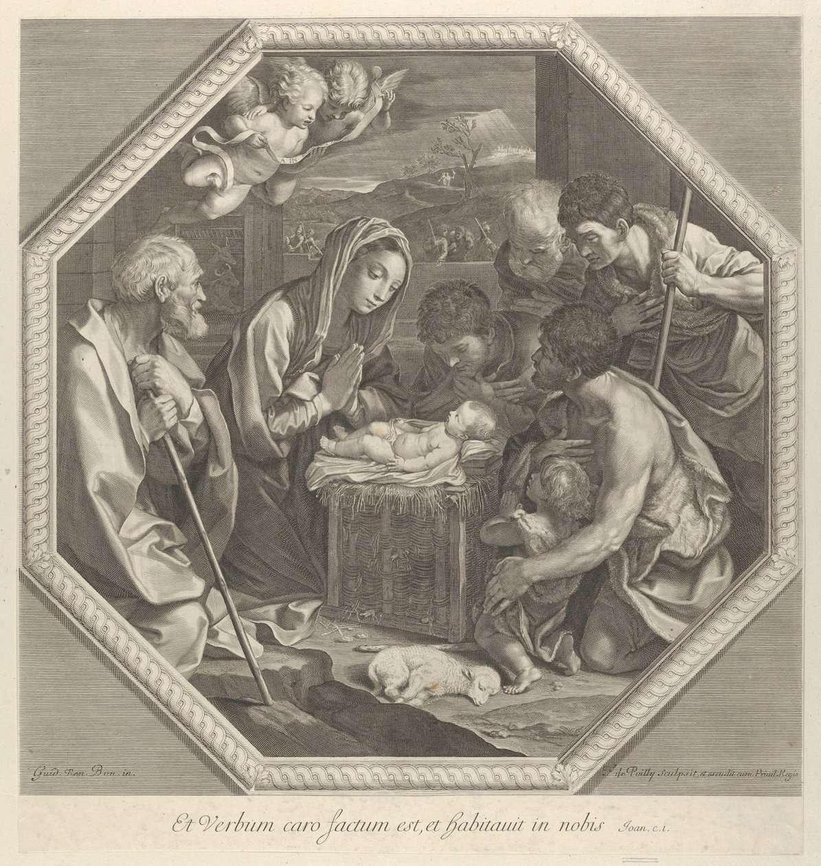 Die Anbetung der Hirten, die gemeinsam vor dem Jesuskind knien..., ca. 1655-93 von François de Poilly