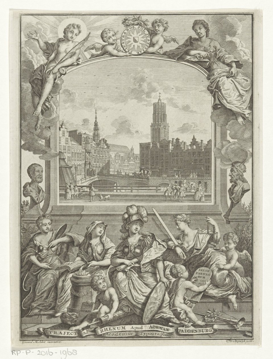 Stadtansicht mit Domkirche in Utrecht und Allegorie mit Minerva und Tugenden von François van Bleyswijck
