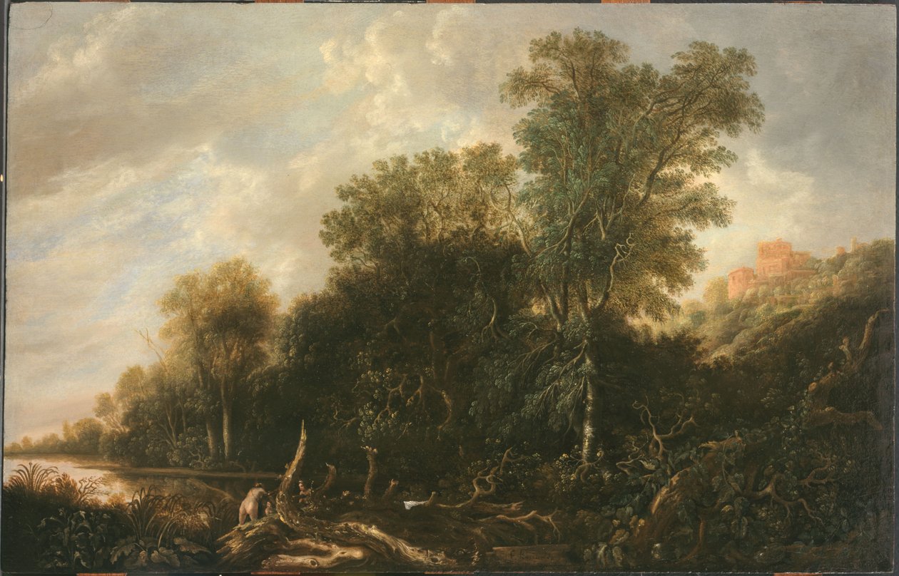 Bewaldete Landschaft mit badenden Frauen von François van Knibbergen