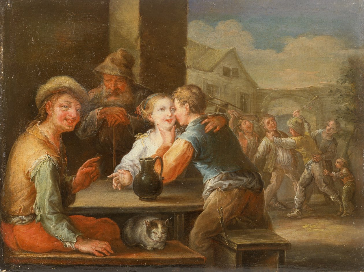 Ein Bettler lacht über ein turtelndes Paar von Frans Christoph Janneck
