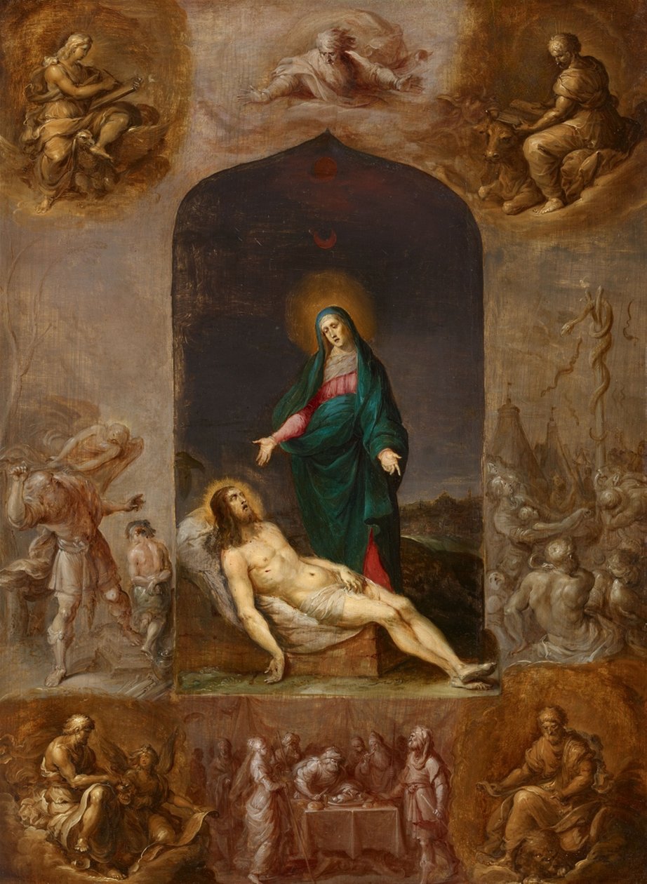 Pietà umgeben von Grisaille der vier Evangelisten und Szenen aus dem Alten Testament von Frans Francken the Younger
