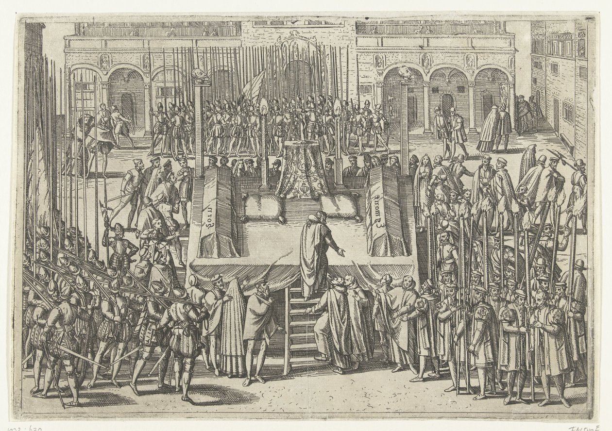 Das Schafott nach der Enthauptung von Egmond und Horne, 1568 von Frans Hogenberg (attributed to)
