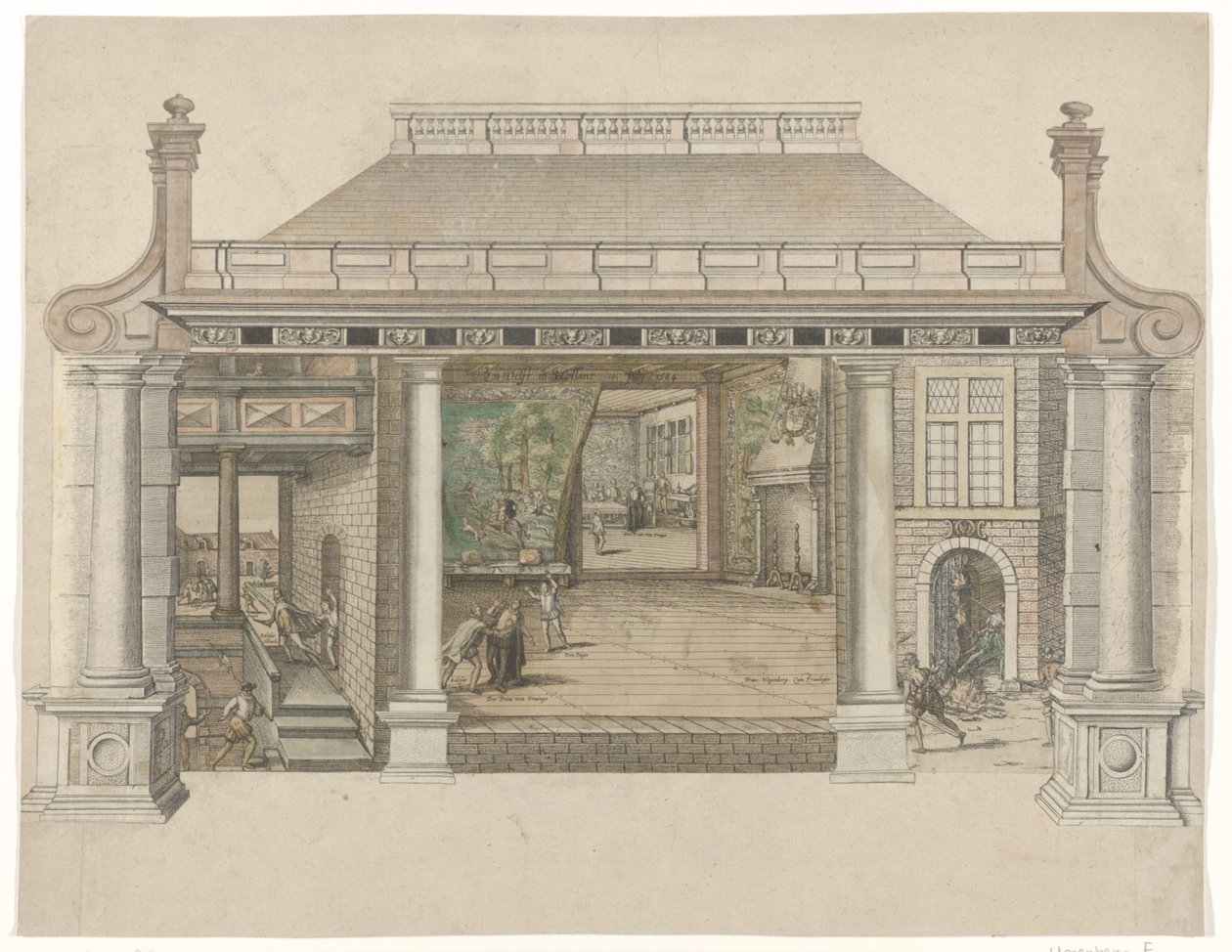 Collage mit dem Mord an Wilhelm von Oranien, hergestellt aus verschiedenen Drucken von Frans Hogenberg