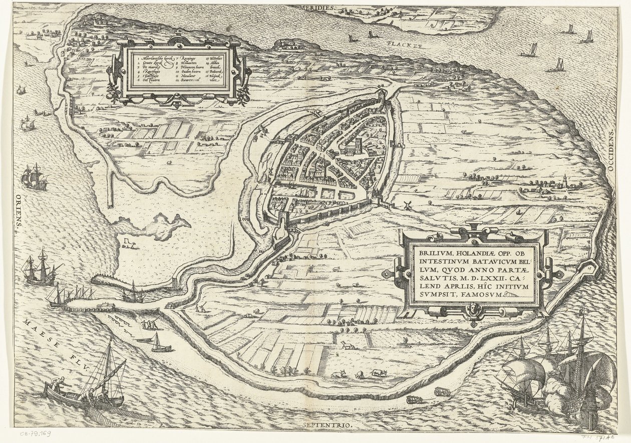 Karte der Insel Voorne und Grundriss von Brielle, 1572 von Frans Hogenberg