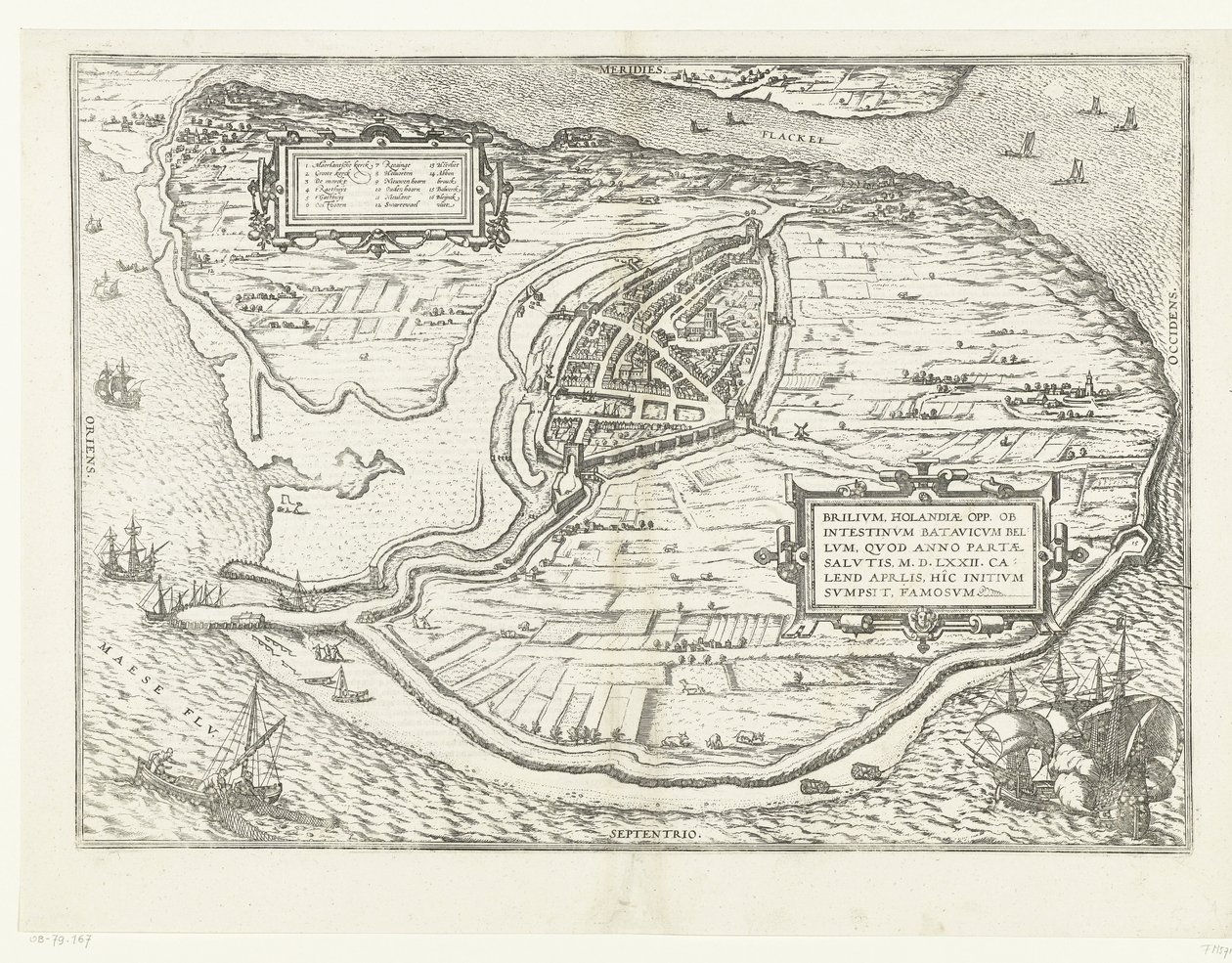 Karte der Insel Voorne und Grundriss von Brielle, 1572 von Frans Hogenberg