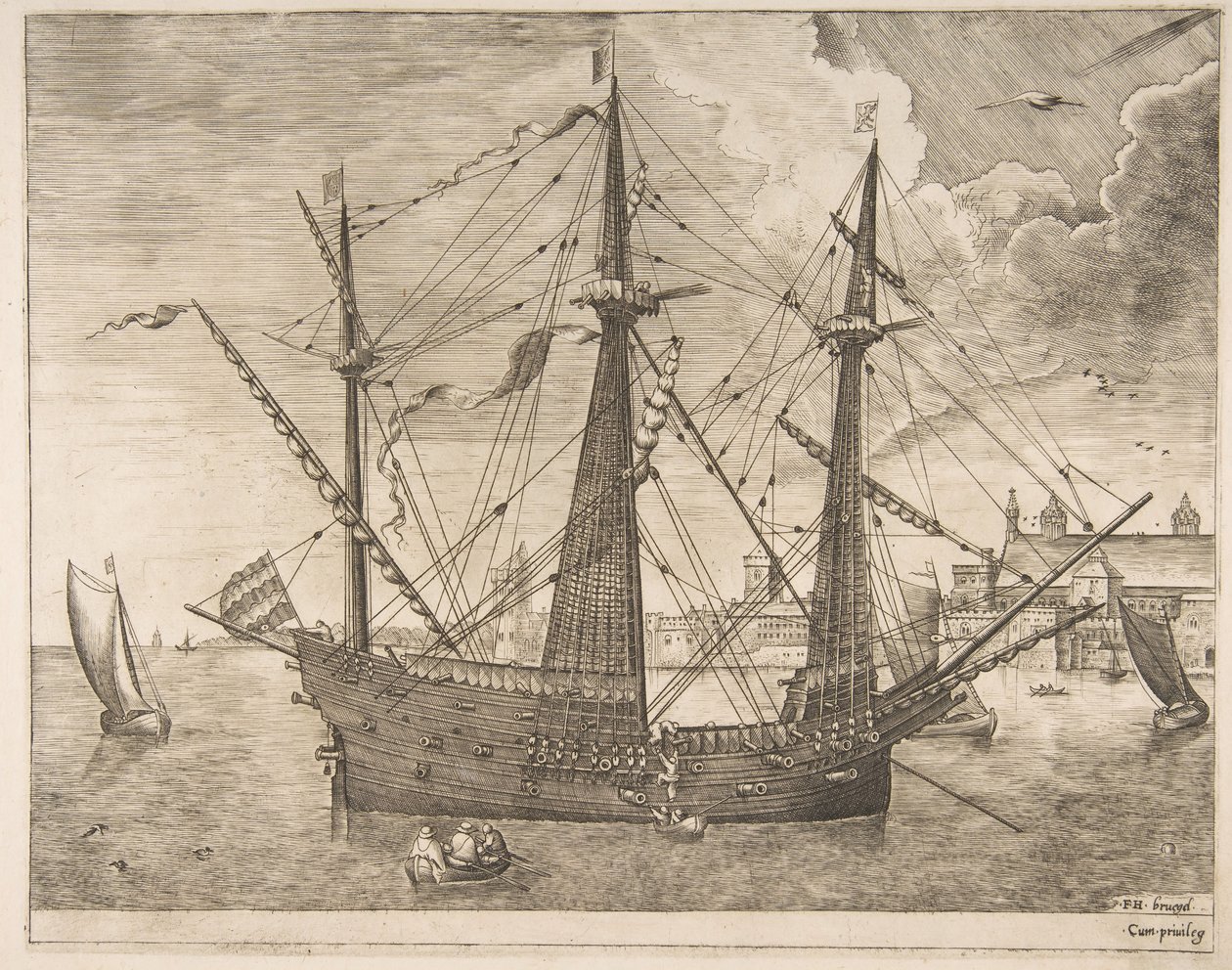 Bewaffneter Dreimaster vor Anker in der Nähe einer Stadt aus Die Segelschiffe, ca. 1555-56 von Frans Huys