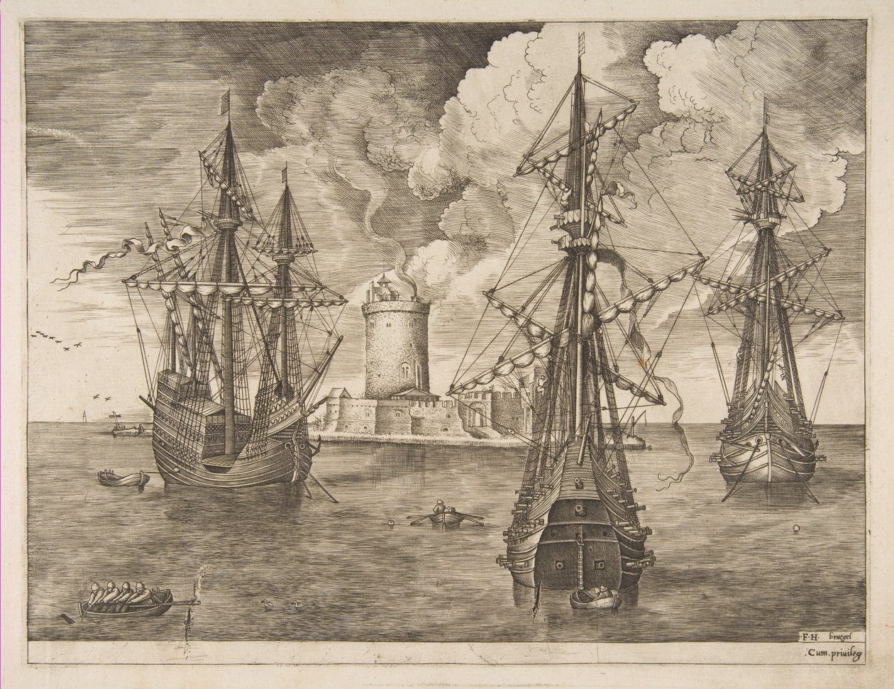 Viermaster links und zwei Dreimaster vor einer befestigten Insel mit einem Leuchtturm verankert, 1561-65 von Frans Huys