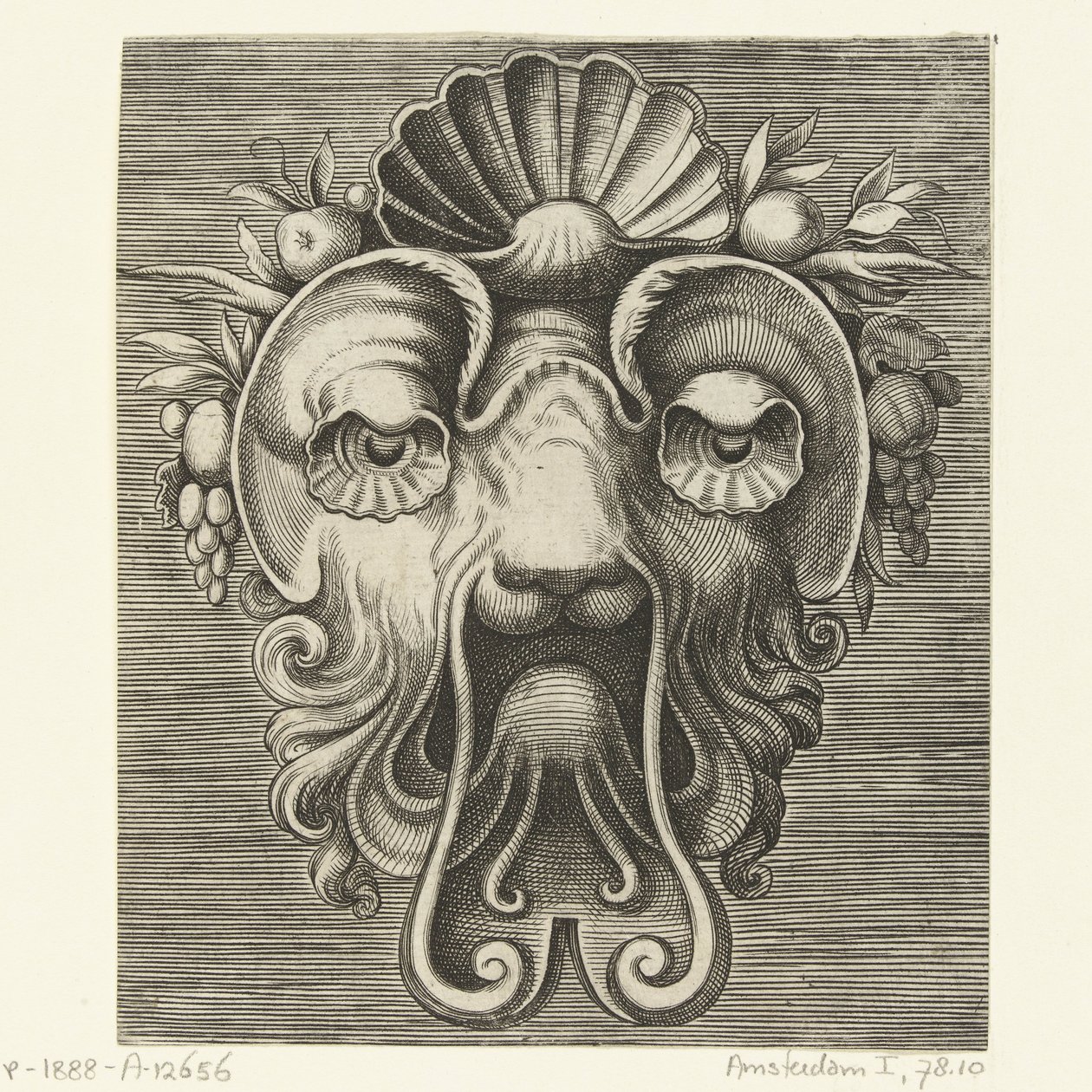 Maske mit muschelförmigen Augen und einer Muschel zwischen Fruchttrauben auf der Stirn von Frans Huys