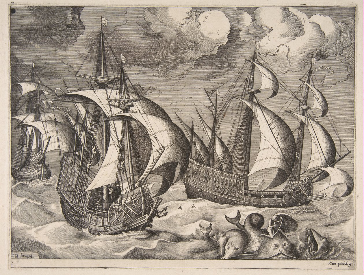 Drei Karavellen in einem aufkommenden Sturm mit Arion auf einem Delfin (1561-65) von Frans Huys