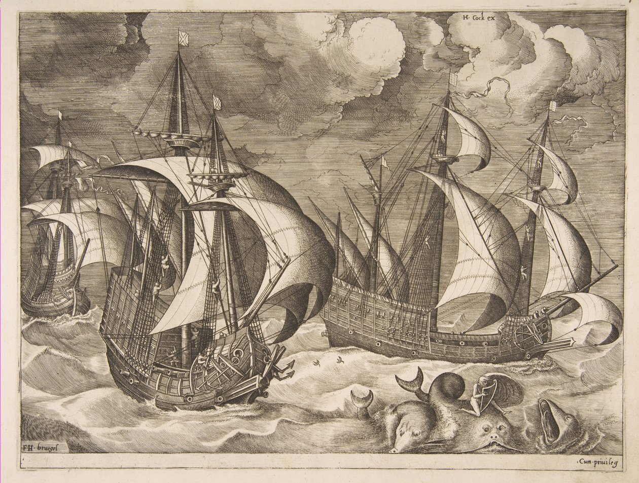 Drei Karavellen in einem aufkommenden Sturm mit Arion auf einem Delfin aus Die Segelschiffe, 1561-65 von Frans Huys