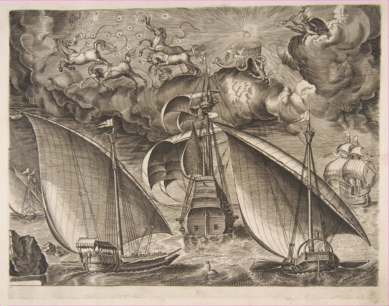 Zwei Galeeren segeln hinter einem bewaffneten Dreimaster mit Phaeton und Jupiter am Himmel, f..., 1561-65 von Frans Huys
