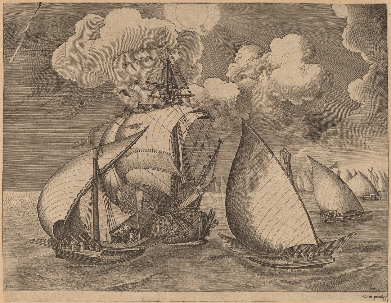 Eine Flotte von Galeeren eskortiert von einer Karavelle von Frans Huys after Pieter Bruegel the Elder