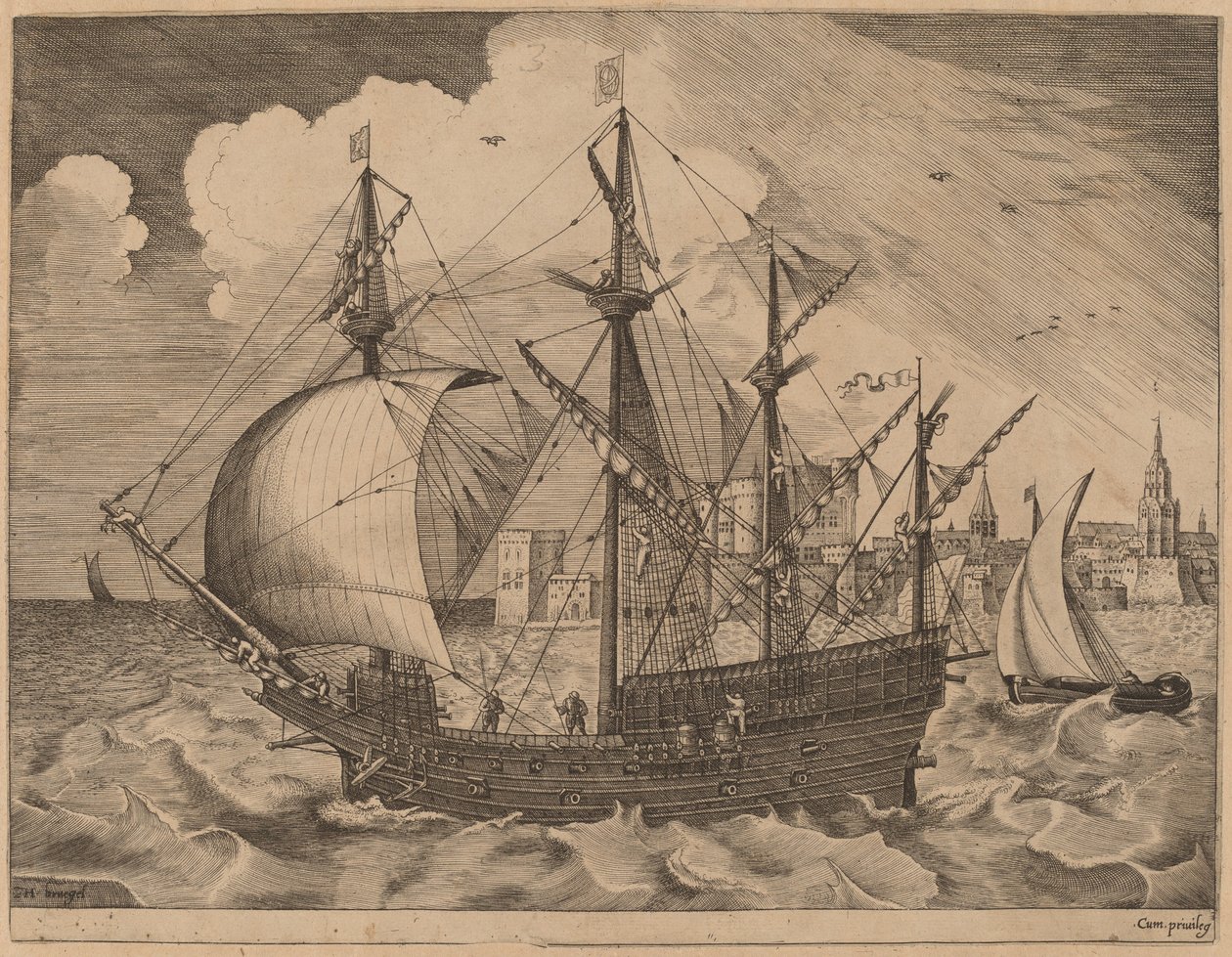 Bewaffneter Viermaster, der in See sticht von Frans Huys after Pieter Bruegel the Elder
