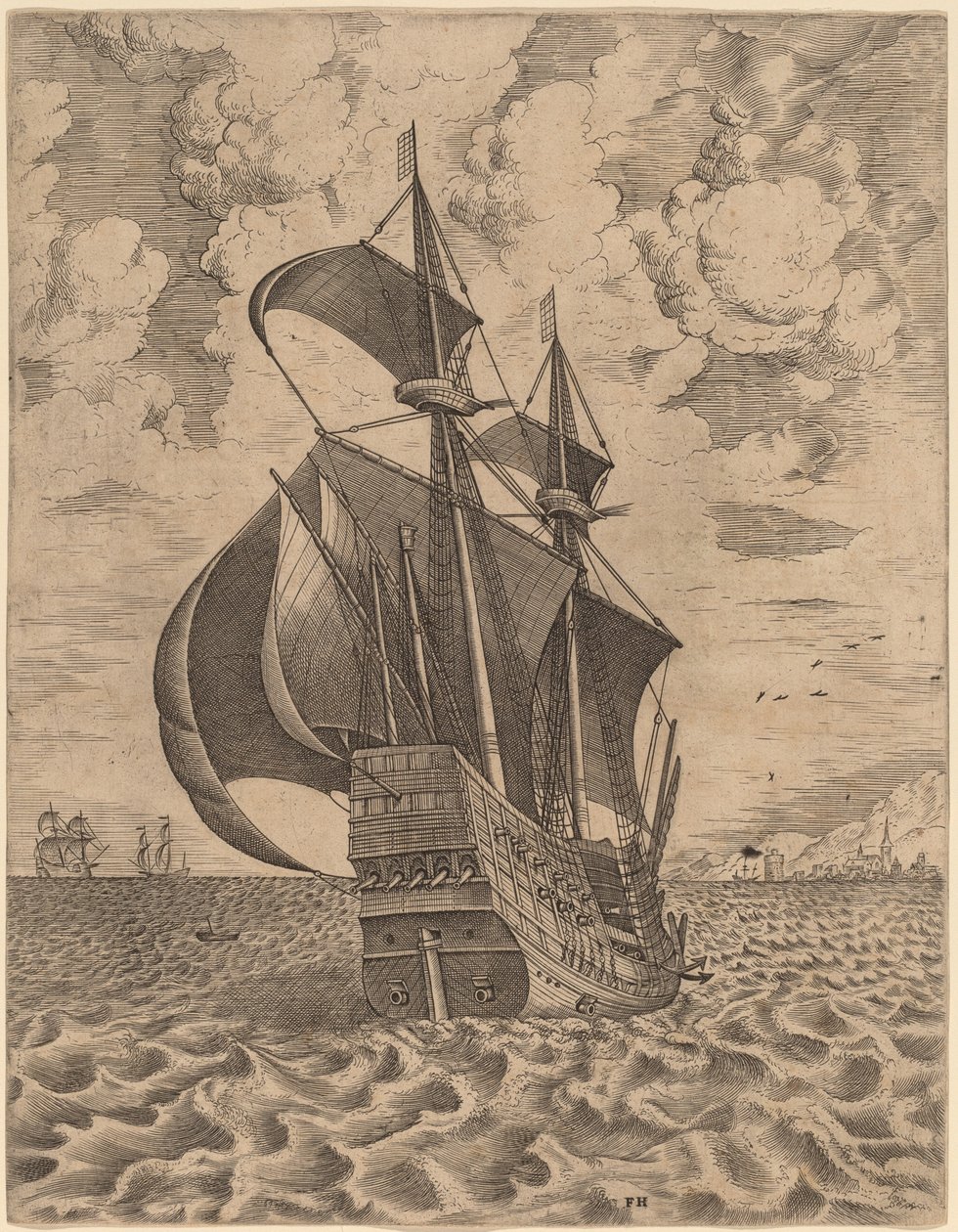 Bewaffneter Viermaster segelt in Richtung Hafen von Frans Huys after Pieter Bruegel the Elder