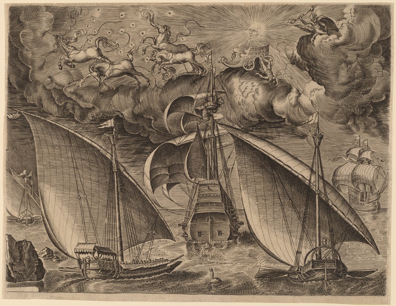 Zwei Galeeren hinter einem bewaffneten Dreimaster mit Phaethon und Jupiter am Himmel von Frans Huys after Pieter Bruegel the Elder