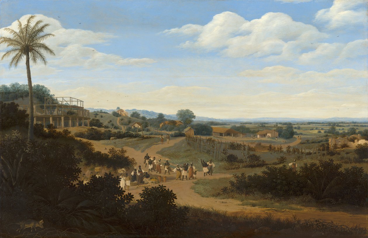 Brasilianische Landschaft mit einem im Bau befindlichen Haus, ca. 1655-60 von Frans Jansz Post