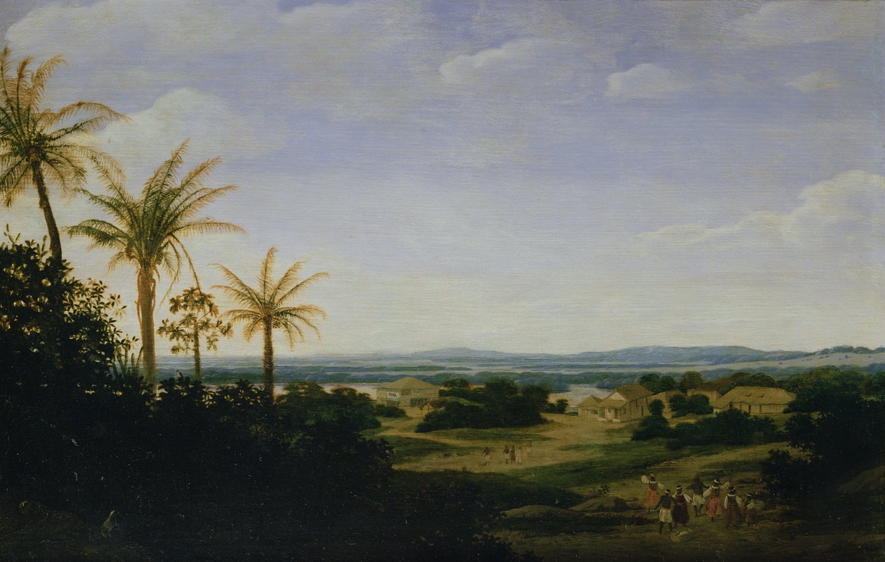 Brasilianische Landschaft mit der portugiesischen Residenz, der Kirche und der Casa Granda, der Fluss Varzea dahinter von Frans Post