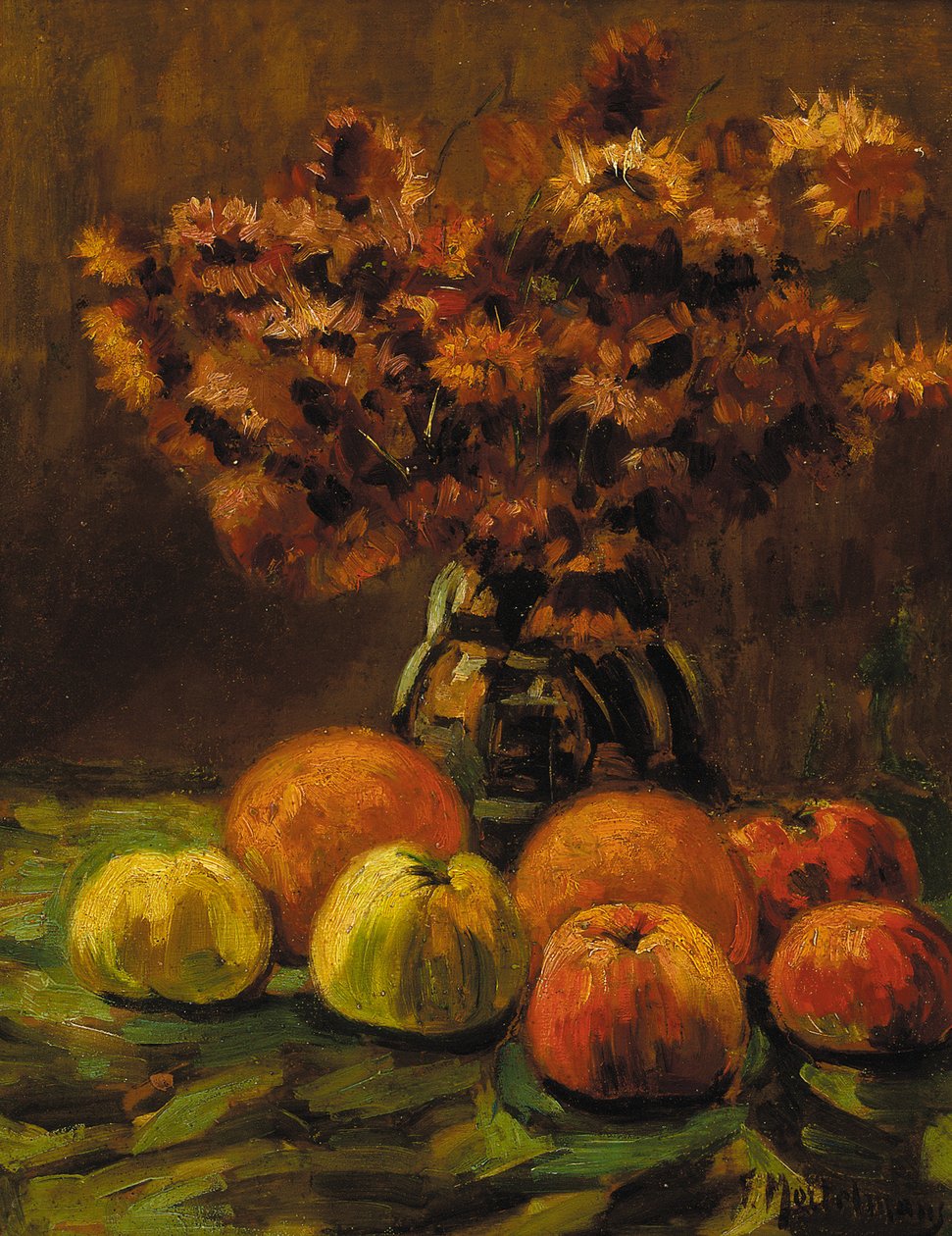 Äpfel, Orangen und eine Vase mit Blumen auf einem Tisch von Frans Mortelmans