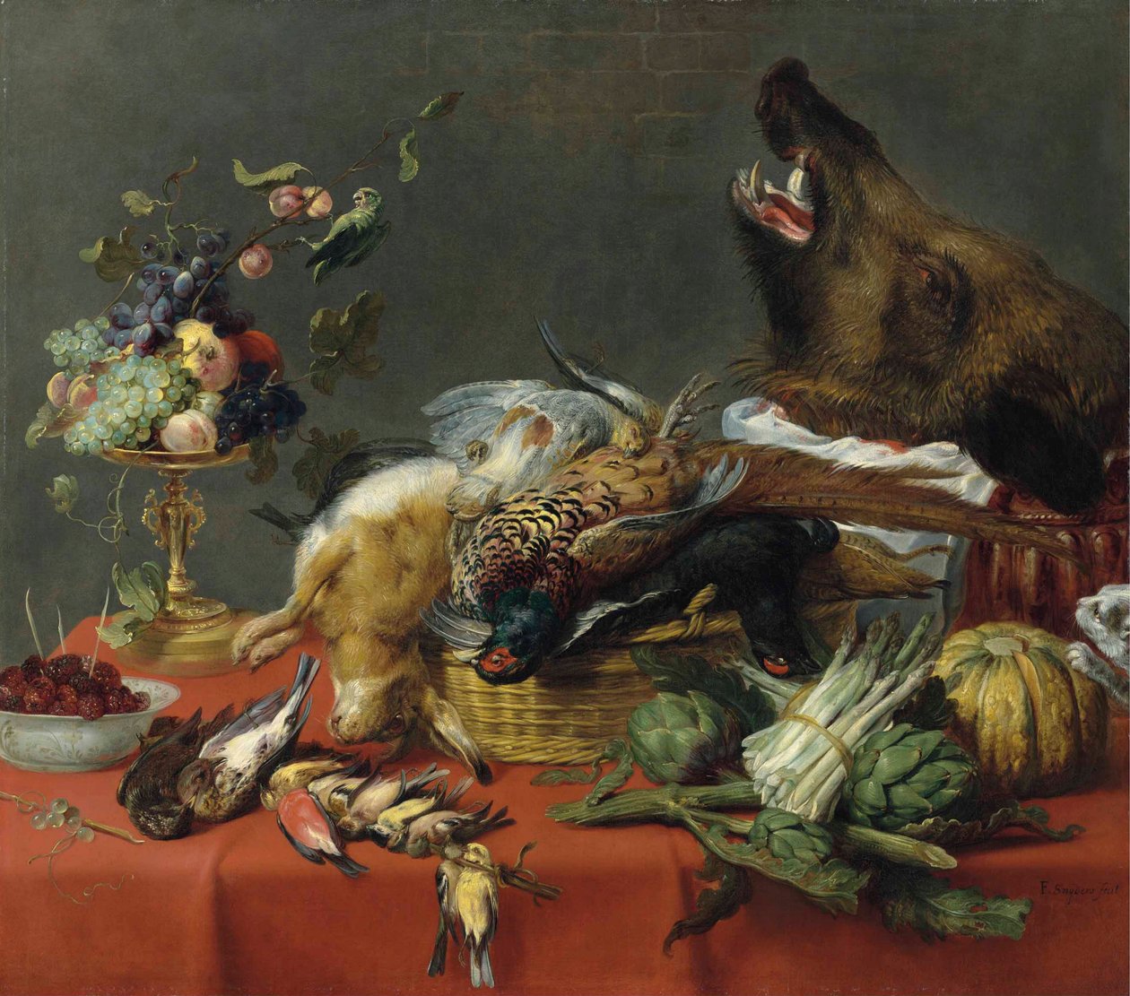 Gedeckter Tisch mit Wild, Obst, Gemüse und einem Wildschweinkopf von Frans Snyders