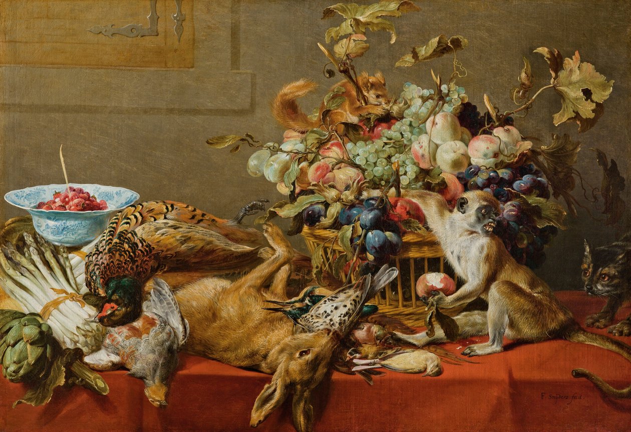 Stillleben mit Früchten, Wild, Gemüse, einem lebenden Affen, Eichhörnchen und Katze von Frans Snyders