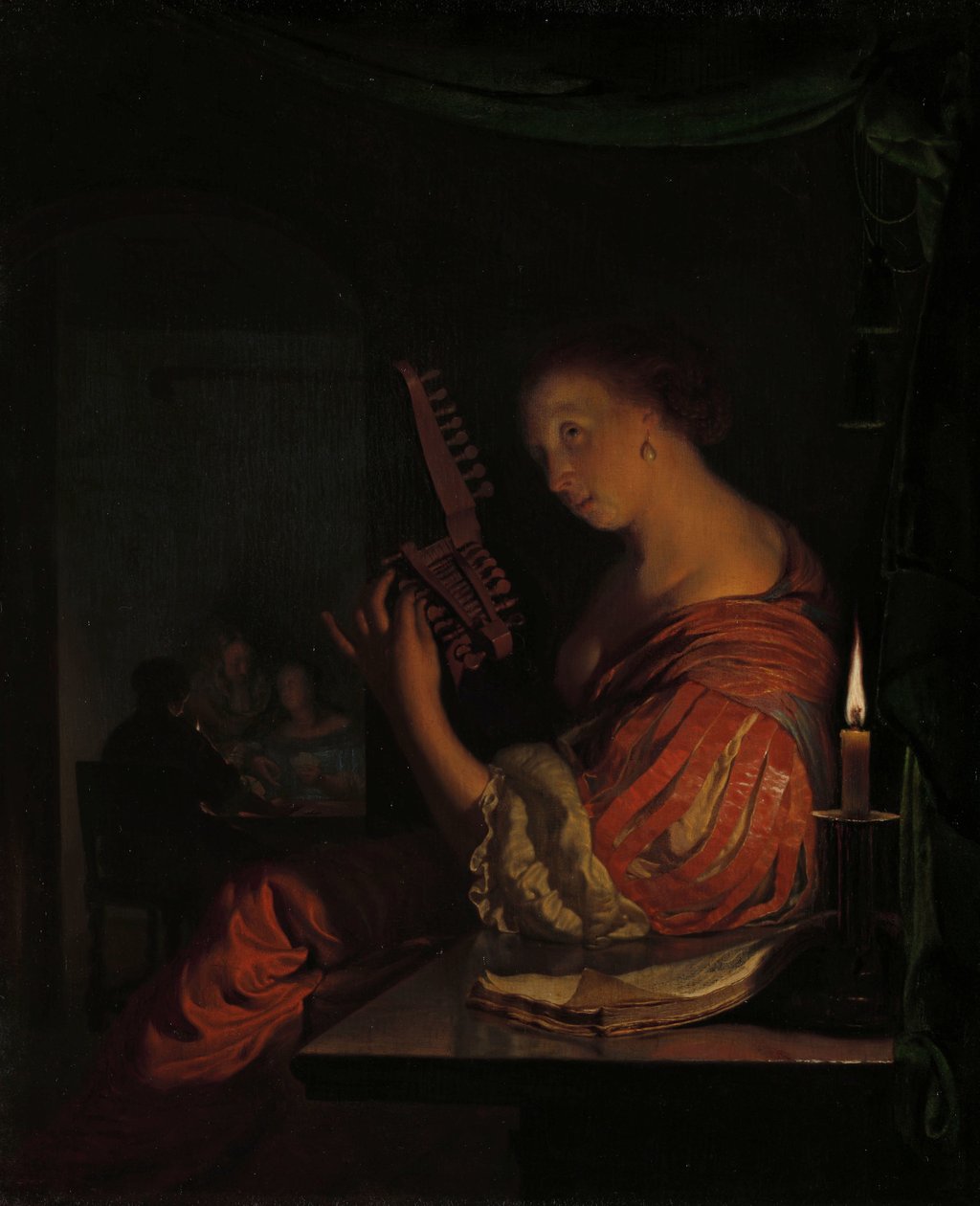 Frau, die eine Theorbe stimmt von Frans van Mieris (I)