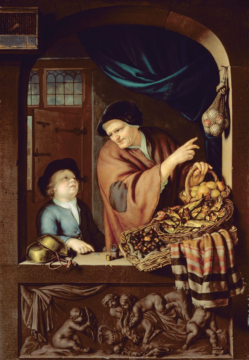 Der Kastanien- und Kipperseller, 1722 von Frans van Mieris