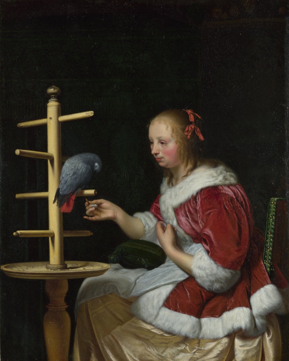 Eine Frau in roter Jacke füttert einen Papagei von Frans van Mieris the Elder