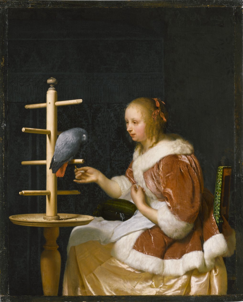 Junge Frau füttert einen Papagei, 1663 von Frans van Mieris the Elder