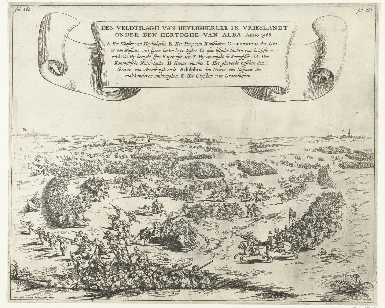 Schlacht bei Heiligerlee, 1568. Die Schlacht von Heiligerlee in Friesland unter dem Herzog von Alba. Anno 1568 (Titel auf dem Objekt) von Frans van den Wijngaerde