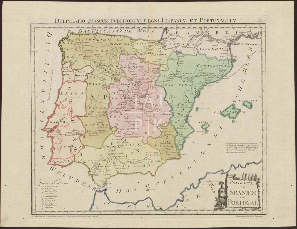 Postkarte von Spanien und Portugal. Delineatio Cursuum Publicorum Regni Hispaniae Et Portugalliae [ca. 1 von Franz Johann Joseph von Reilly  