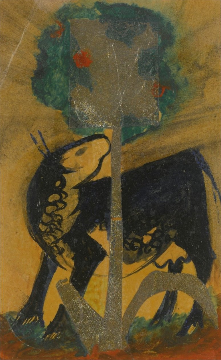 Schwarze Kuh hinter Baum von Franz Marc