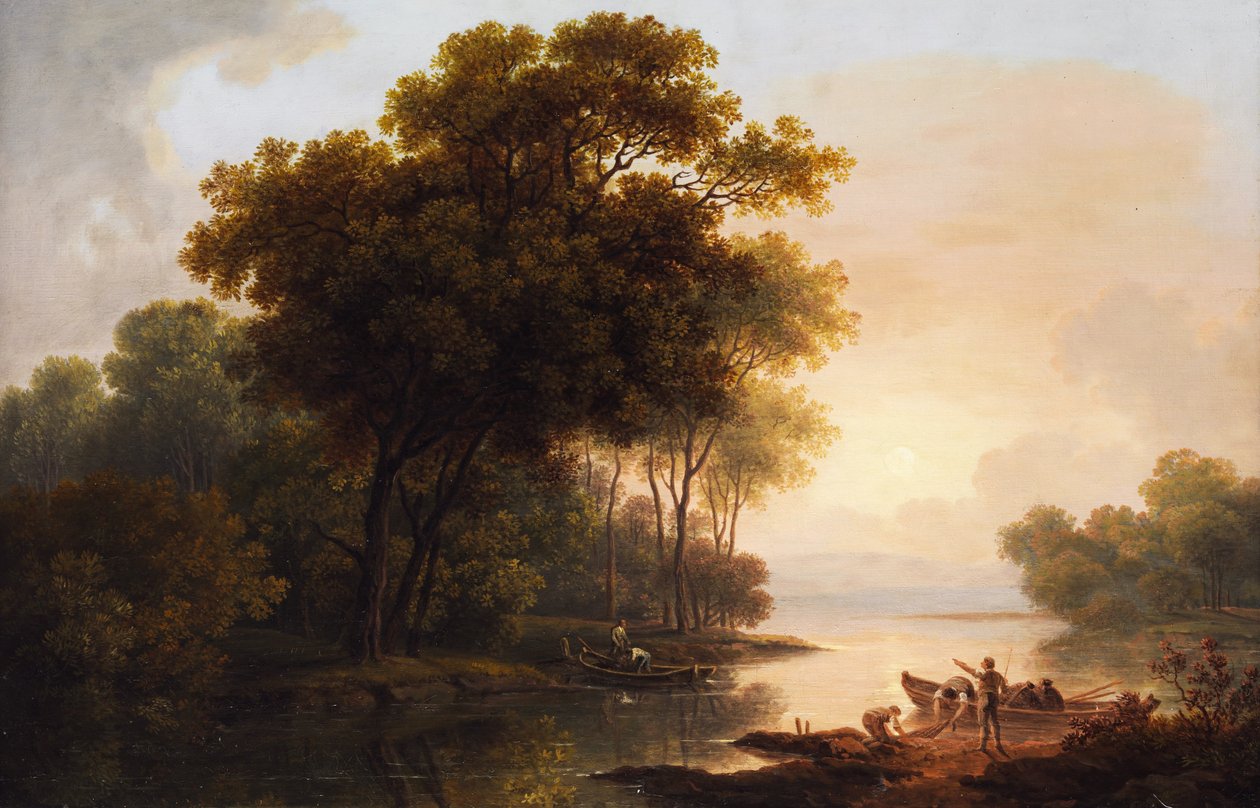 Baumlandschaft mit Blick auf ein Seeufer im diesigen Spätlicht von Franz Scheyerer
