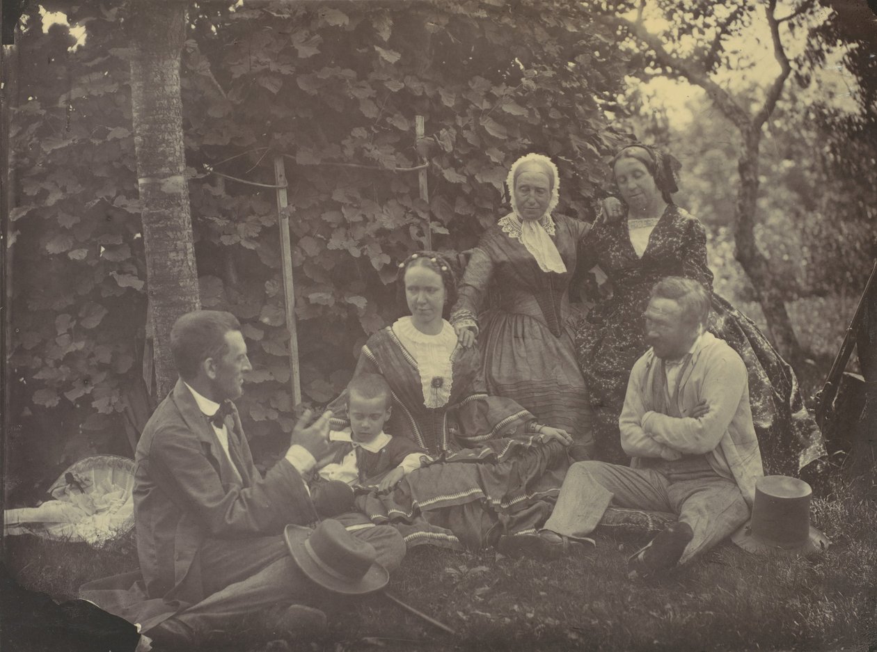 [Drei Frauen, zwei Männer und ein Kind bei einem Picknick] von Franz Antoine