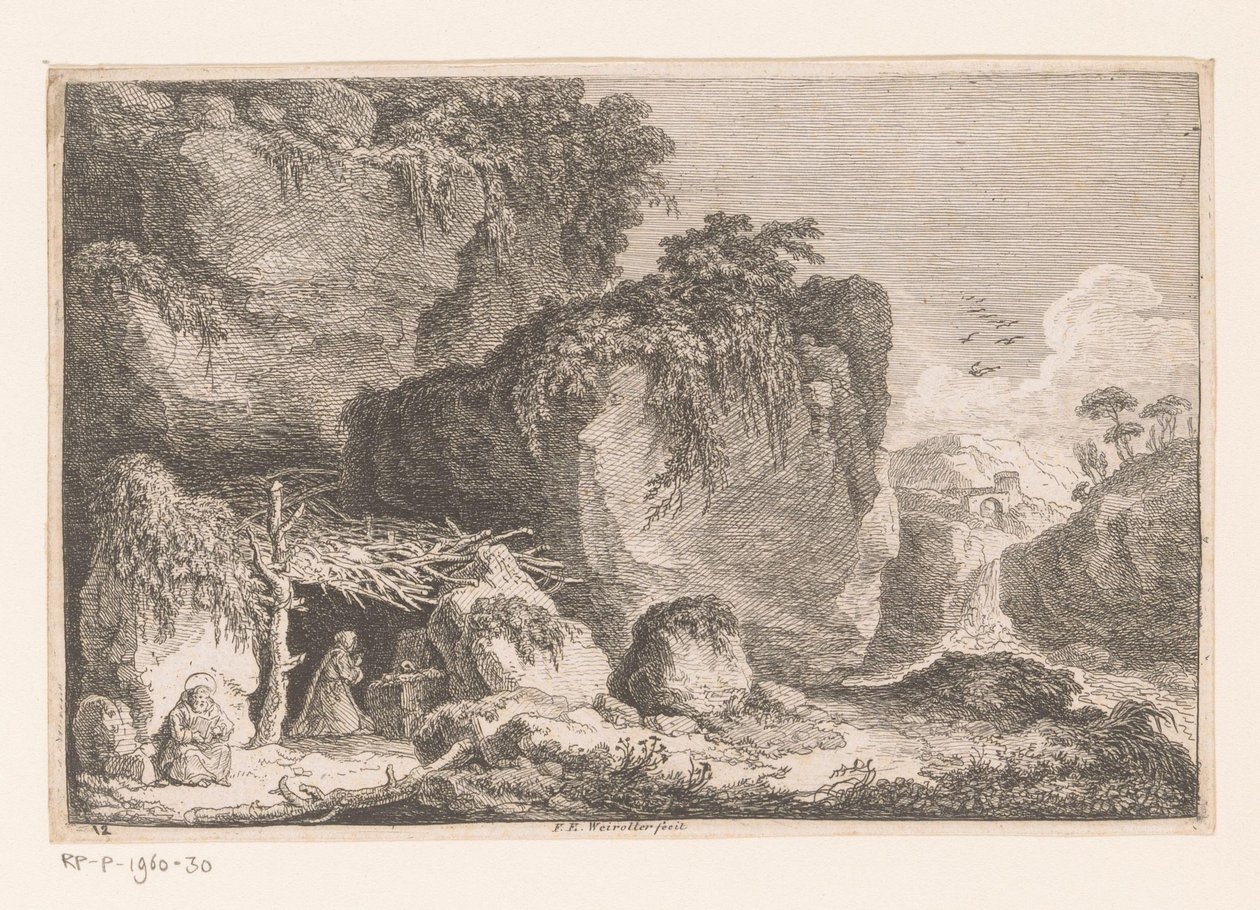 Zwei Eremiten in einer felsigen Landschaft (Zweite Folge von Gegenden und Bruchstücken Alter Gebäude) von Franz Edmund Weirotter
