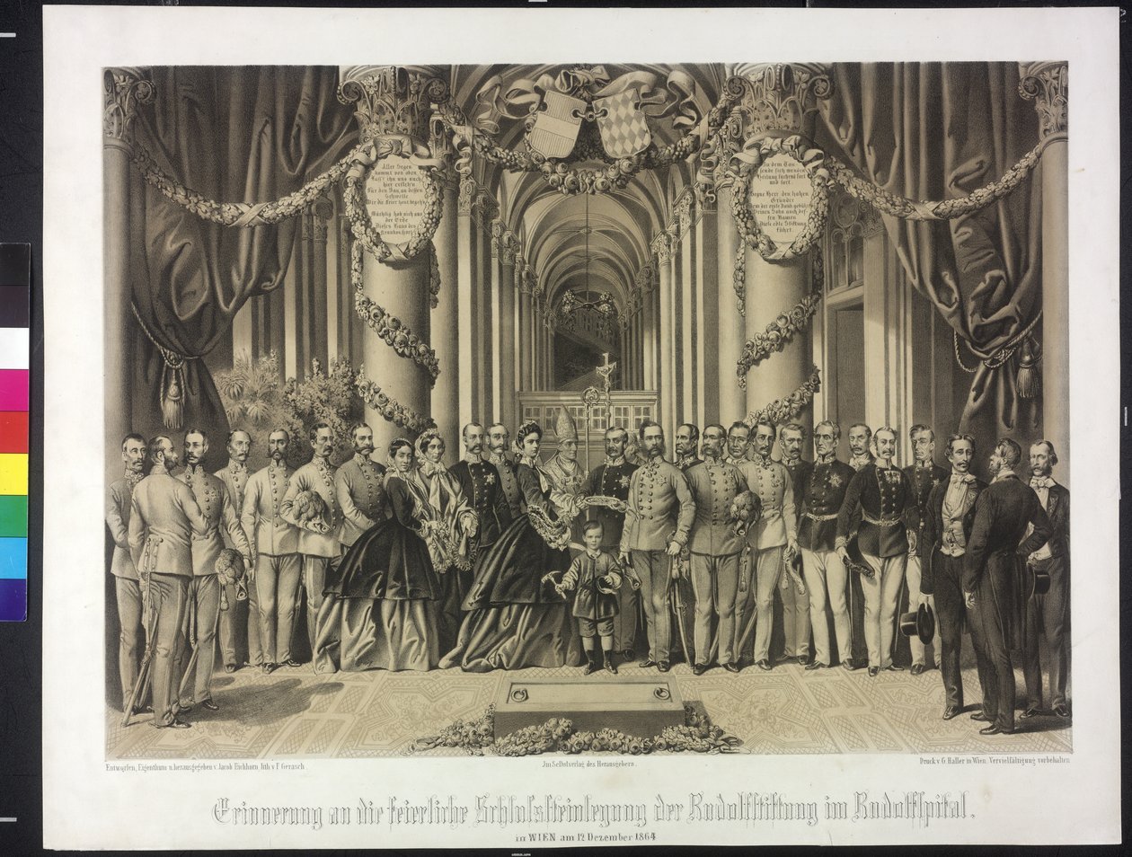 Erinnerung an die feierliche Grundsteinlegung der Rudolfstiftung im Rudolfspital 1864 (Lithographie) von Franz Gerasch