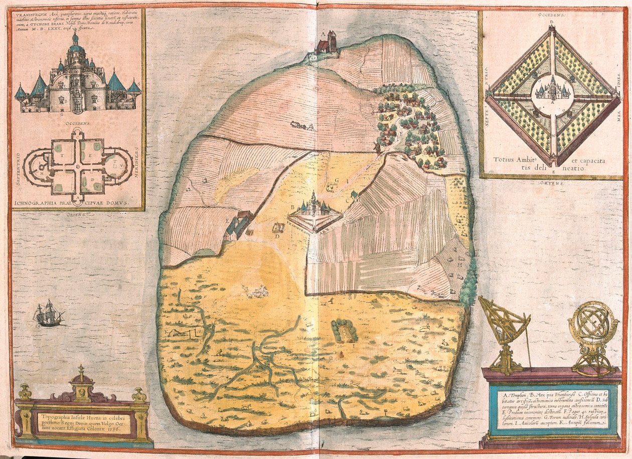 Insel Ven und Uranienborg, der Palast und das Observatorium von Tycho Brahe auf dieser Insel im Sund von Franz Hogenberg