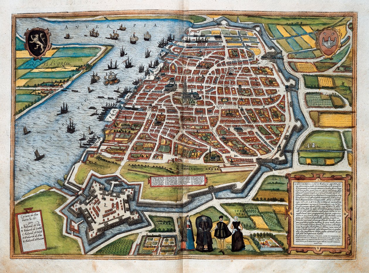Karte von Antwerpen, aus "Civitates orbis terrarum" (kolorierte Gravur) von Franz Hogenberg