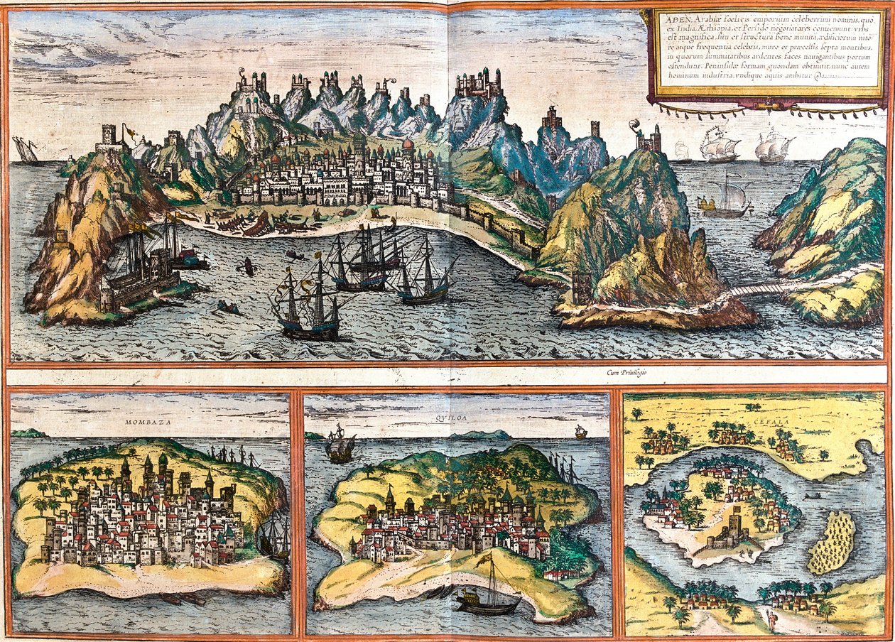 Ansichten von Aden (Jemen), Mombasa (Kenia), Kilwa Kisiwani (Tansania) und Cefalù (Sizilien, Italien) von Franz Hogenberg