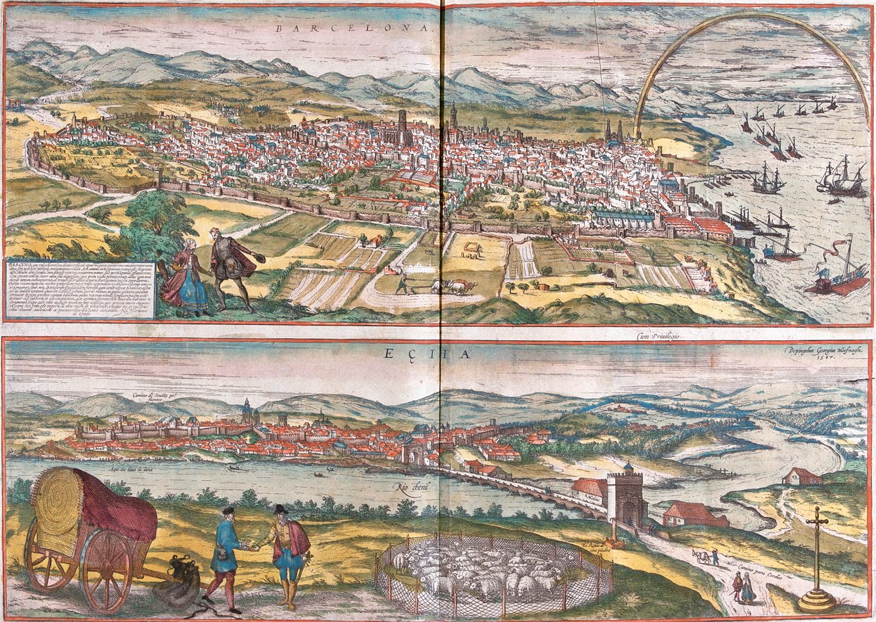 Ansichten von Barcelona und Écija, Spanien von Franz Hogenberg