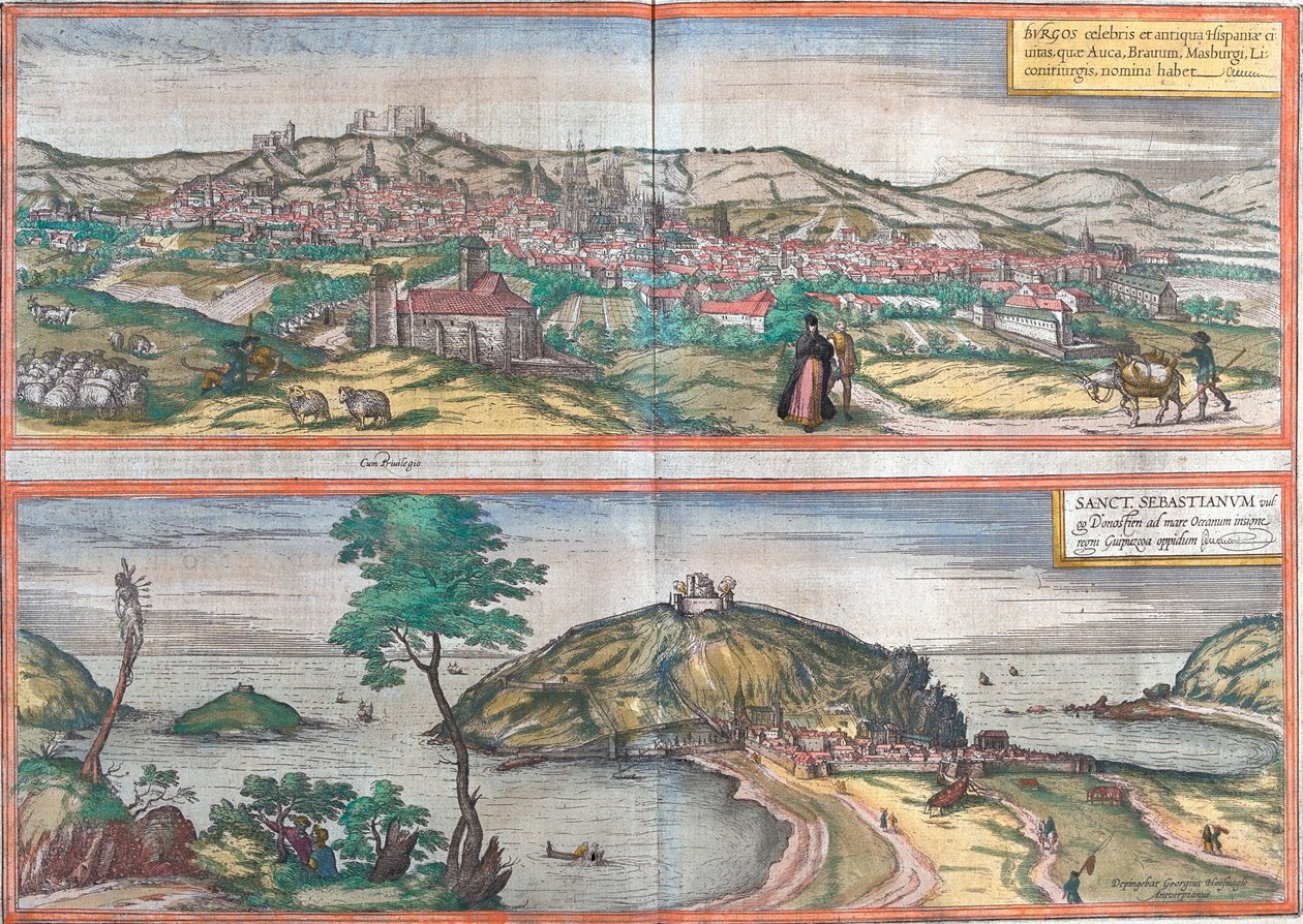 Ansichten von Burgos und San Sebastian (oder Donostia), Spanien von Franz Hogenberg