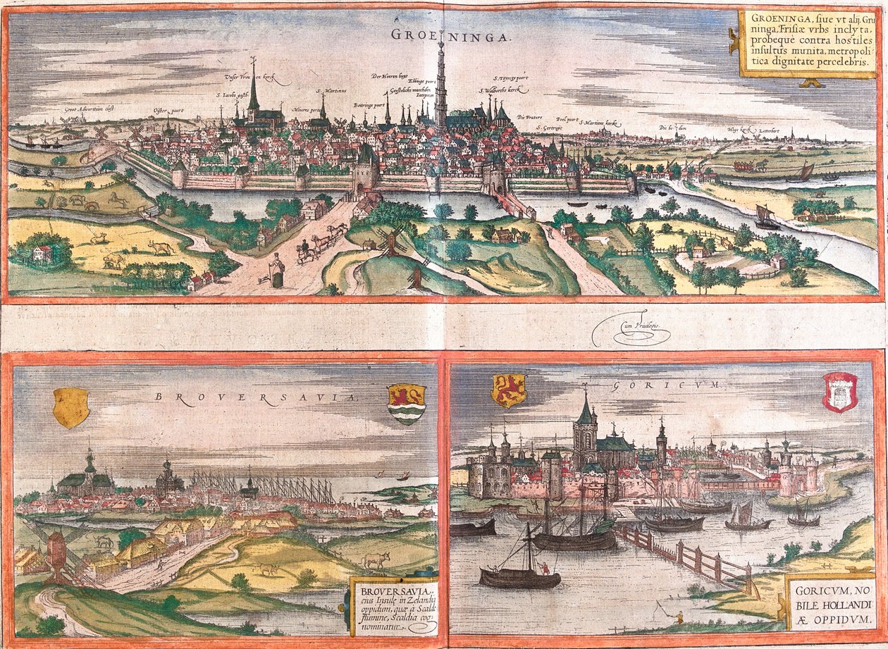 Ansichten von Groningen (Groeninga), Brouwershaven (Broversavia) und Gorinchem (Goricum), Niederlande (Radierung) von Franz Hogenberg