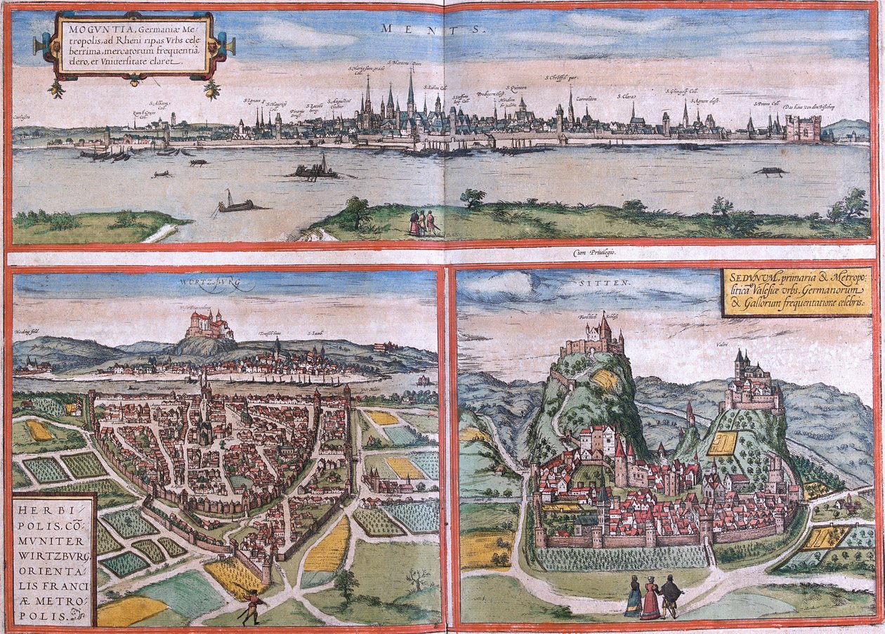 Ansichten von Mainz (Moguntia), Würzburg, Deutschland und Sion (Sedunum) in der Schweiz von Franz Hogenberg