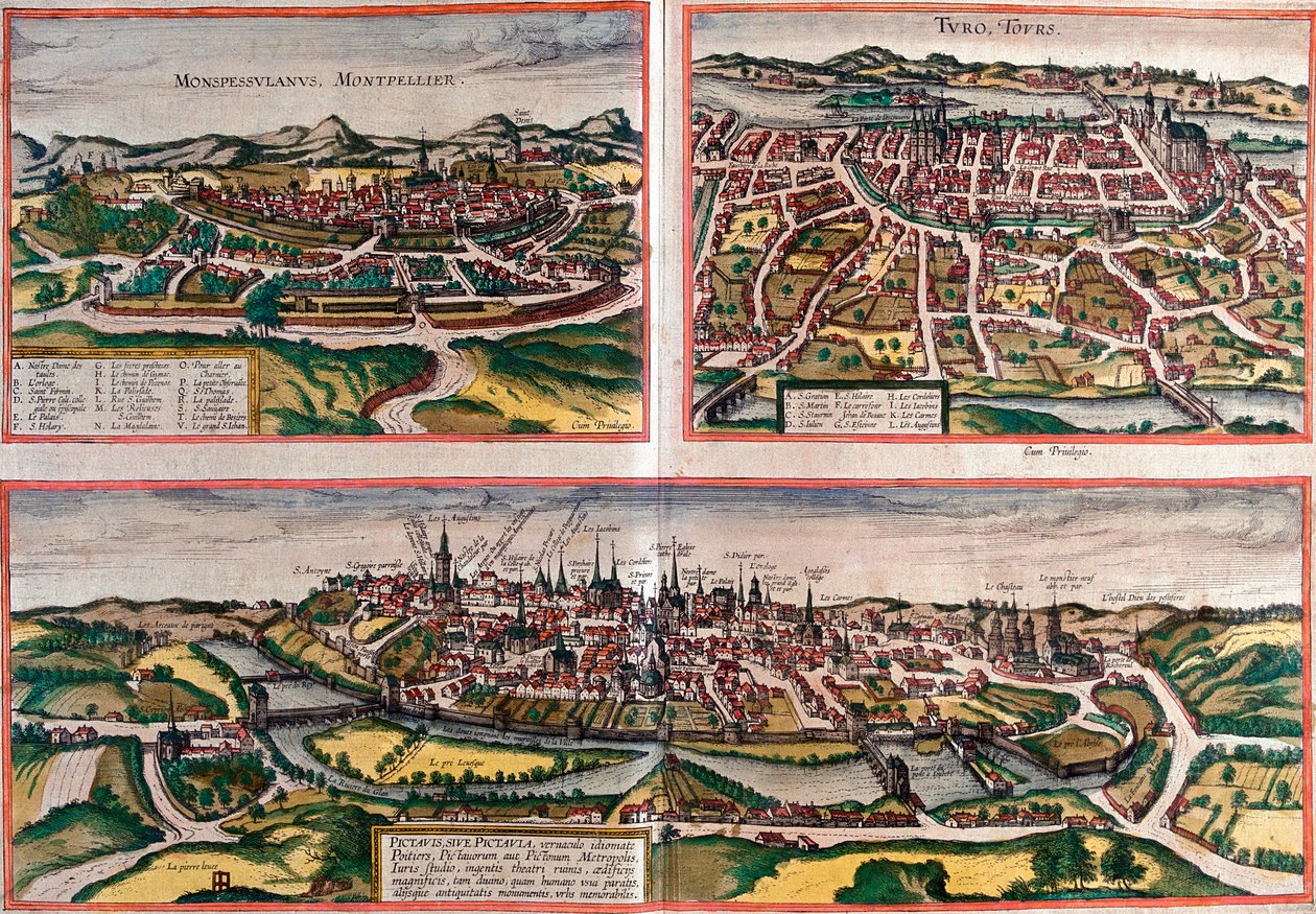 Ansichten von Montpellier (Monspessulanus), Tours (Turo) und Poitiers (Pictavis), Frankreich (Radierung) von Franz Hogenberg