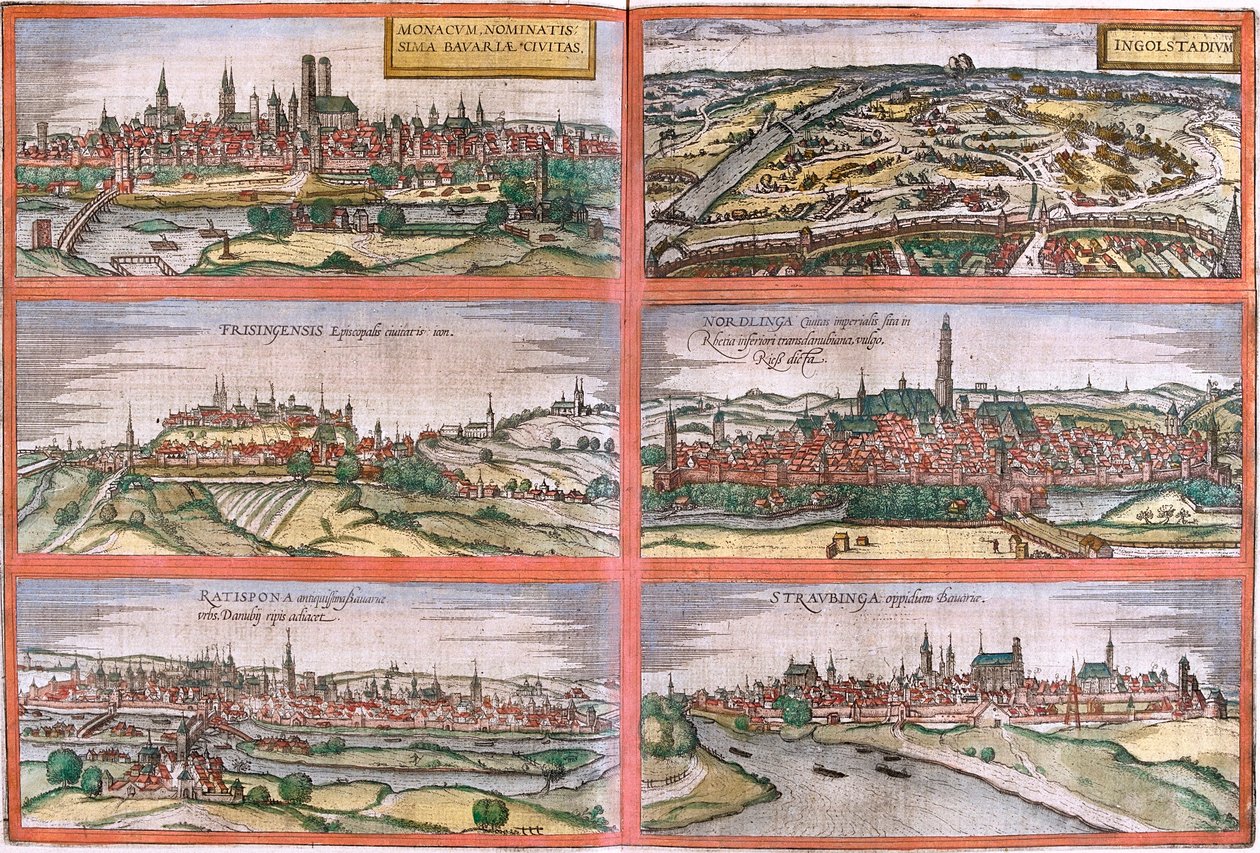 Ansichten von München (Monacum), Ingolstadt (Ingolstadium), Freising (Frisingensis), Nördlingen (Nordlinga), Regensburg (Ratispona) und Straubing (Stravbinga), Deutschland von Franz Hogenberg