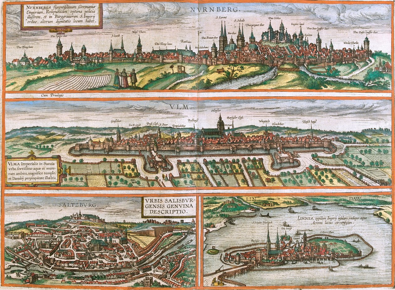Ansichten von Nürnberg (Nurnberga), Ulm (Ulma), Lindau (Lindola), Deutschland und Salzburg (Salisburgensis) in Österreich (Radierung) von Franz Hogenberg
