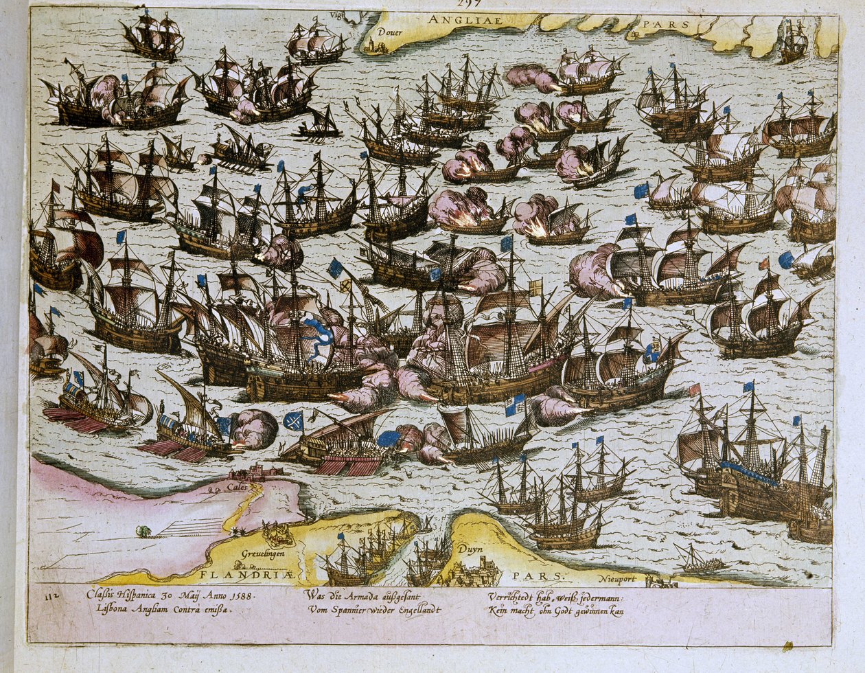Die Niederlage der unbesiegbaren spanischen Armada an den englischen Küsten am 08.08.1588, Illustration von 1653 (Gravur) von Franz Hogenberg