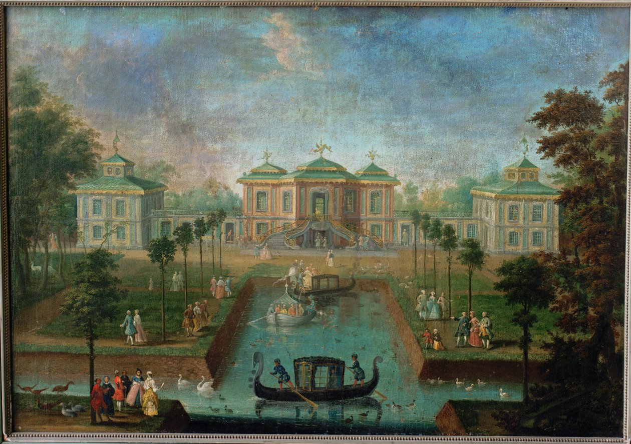 Hofleben im Park des Schlosses Augustusburg um das Indianerhaus, Blick von Osten von Franz Jakob Rousseau
