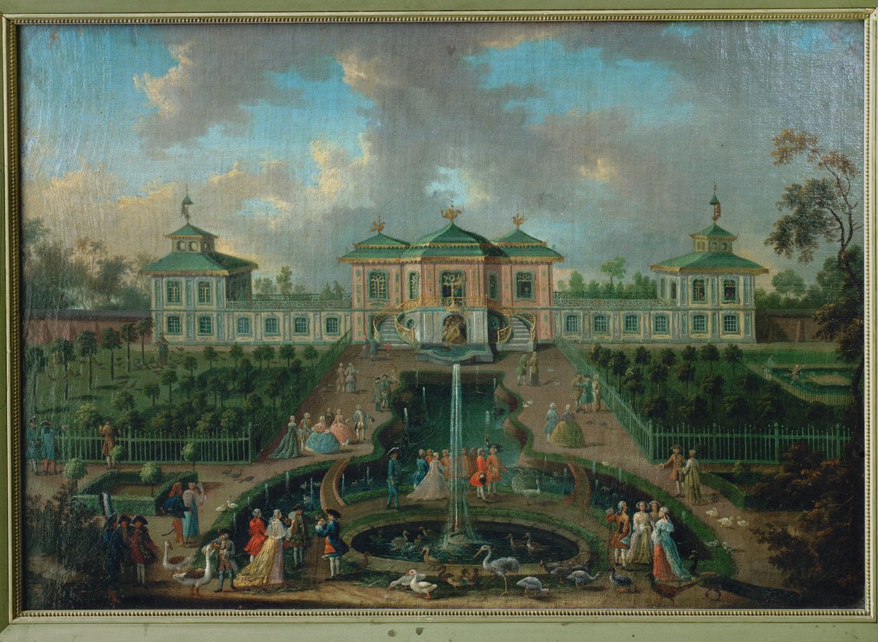 Hofleben im Park des Schlosses Augustusburg um das Indianerhaus, Blick von Westen von Franz Jakob Rousseau