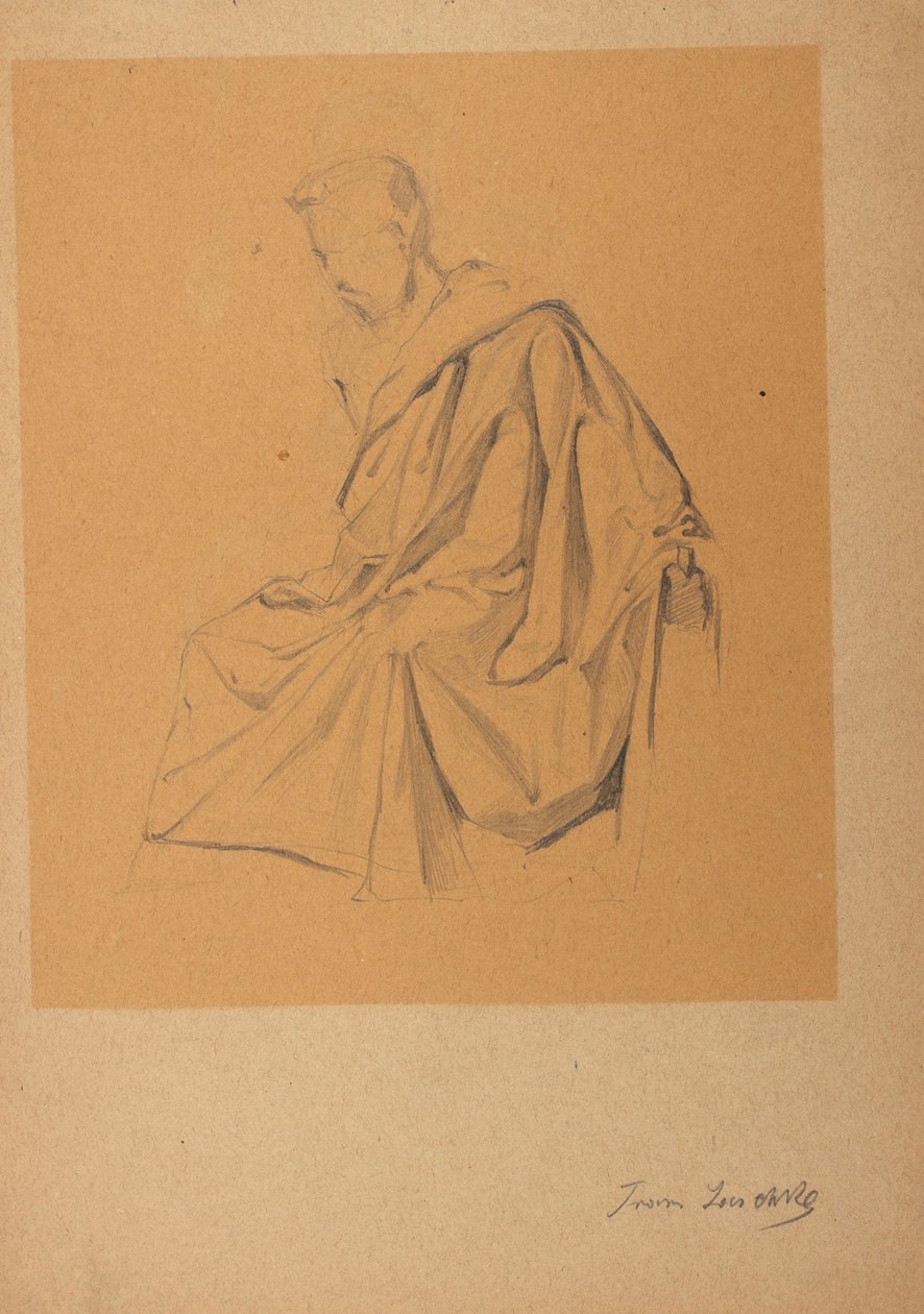 Figurenstudie eines nach links Sitzenden, mit einem Tuch bekleideten Mannes von Franz Jaschke
