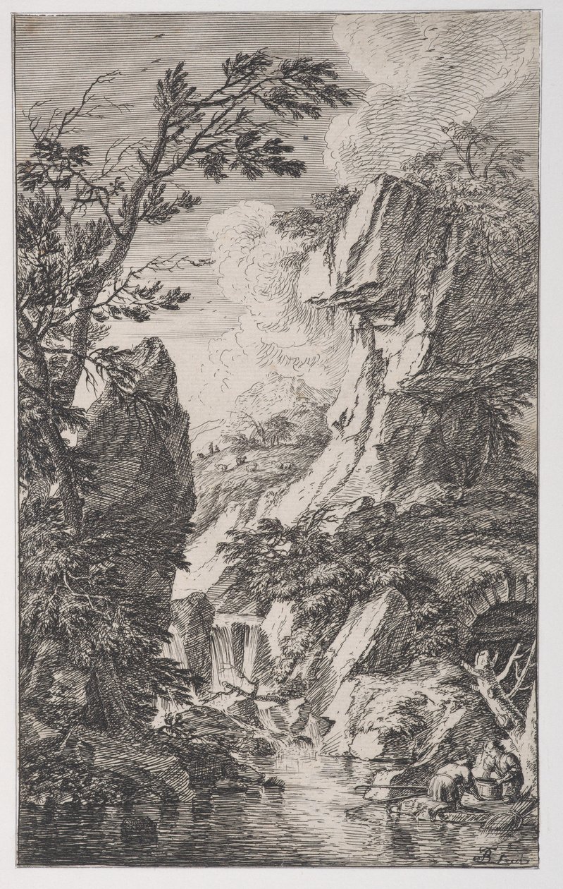 Tafel 4: zwei Fischer am Ufer eines Baches rechts, ein Wasserfall in der Mitte von Franz Joachim Beich